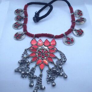 Afghan Antique Green Or Red Stones Kuchi Necklace, Handmade Boho Necklace